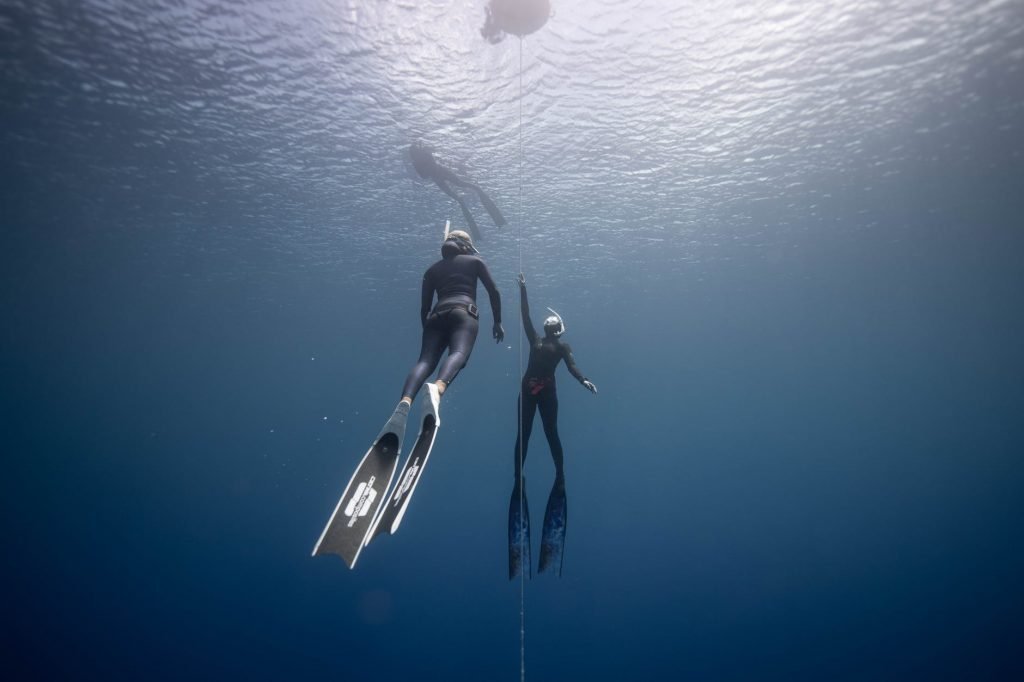 Image of People diving in blue ocean