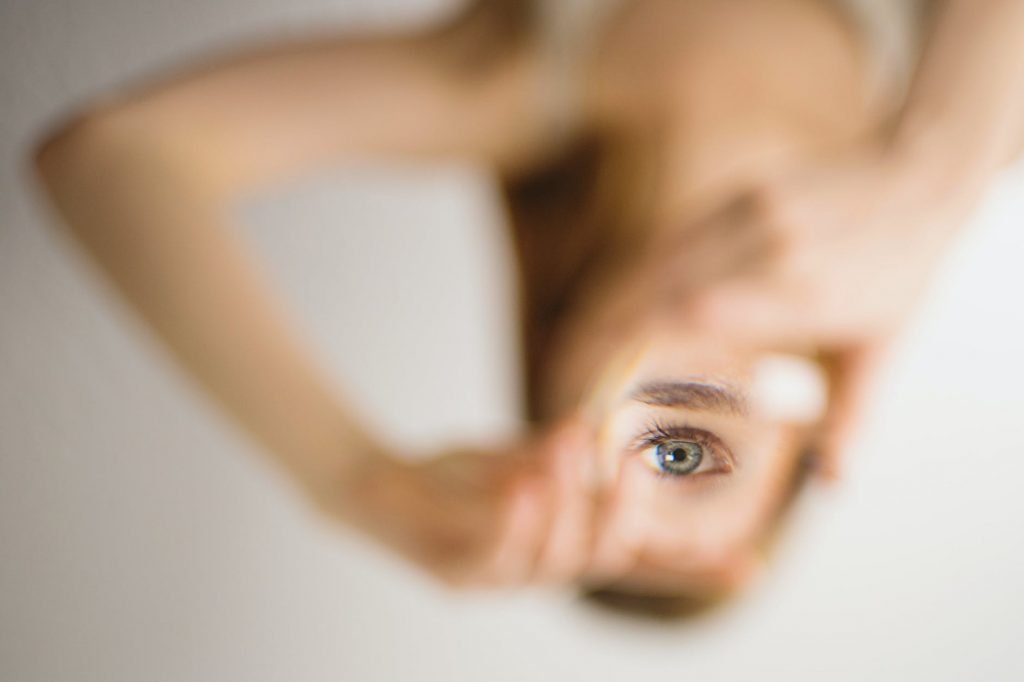 Image of Photo of Woman in Upside Down Position with Focus on the Eye