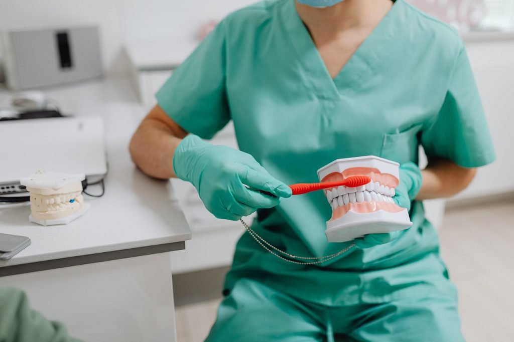 Image of Photo of a Dentist Demonstrating How to Brush Teeth